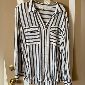 Navy and White Striped Button-Up Shirt